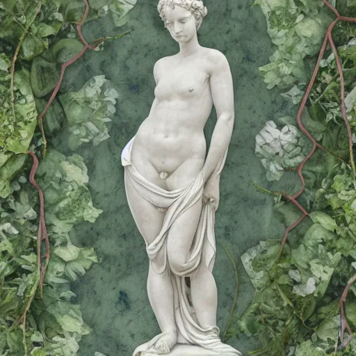 Prompt: delicate marble statue in a garden, stony, puffy, botanical herbarium paper, botanic, watercolors, pencil, iridescent colors, 8 k, realistic shaded, fine details, artstation, italian, colonnade, hydrangea, vines, gardena architecture, pompeii