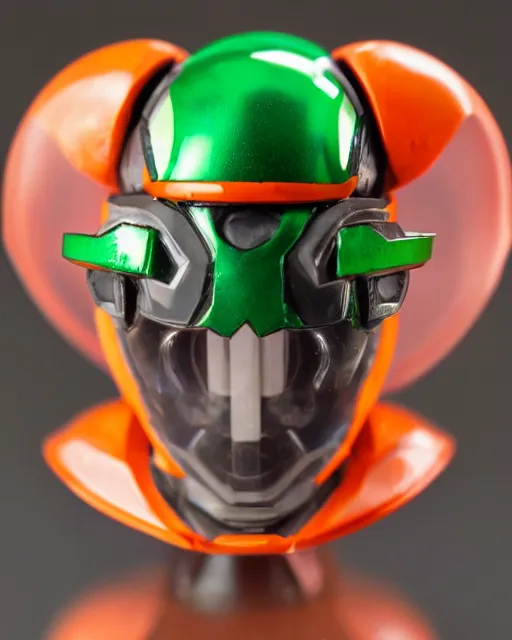 Image similar to helmet portrait of a figurine of samus aran's varia suit from the sci - fi nintendo videogame metroid. glossy. red round helmet, orange shoulder pads, green visor. shallow depth of field. suit of armor.