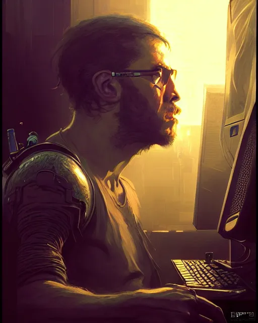 Prompt: programmer vaping staring at code on monitors in work from hope setup, pulp character portrait, ultra realistic, concept art, intricate details, highly detailed by greg rutkowski, gaston bussiere, craig mullins, simon bisley