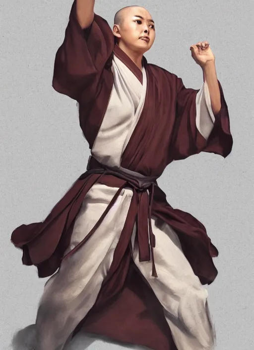 Image similar to portrait of a female drunken master monk exercising by wlop, wuxia, xianxia, drunken boxing, drunken fist, drunken master, dark olive skin, athletic, playful, beautiful, fully clothed, monk's robe, detailed, realistic, anatomically accurate, fantasy illustration, artstation, wlop, 4 k.