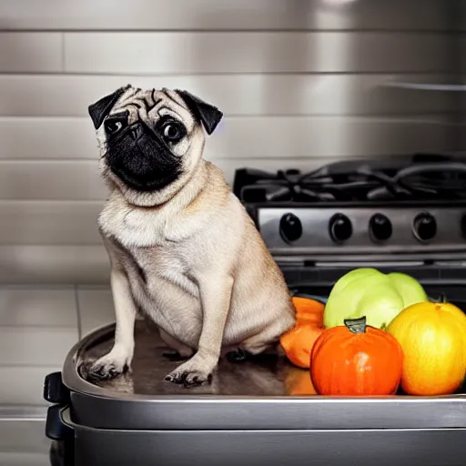 Image similar to An adorable pug sitting in a pot of water atop a stove, high resolution photograph