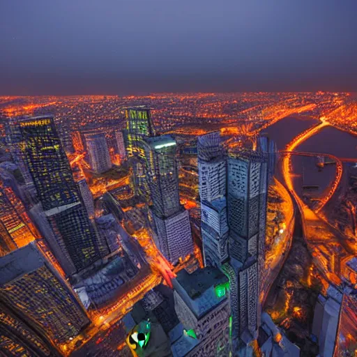 Prompt: City postsoviet area view from skyscraper roof in neon light on a wide angle camera