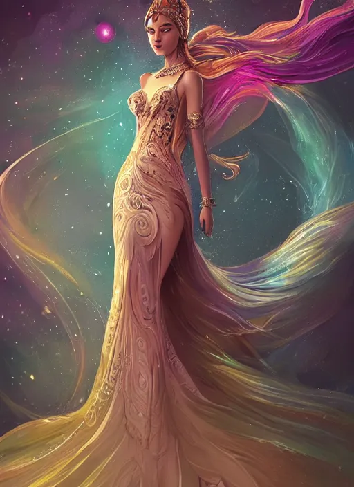 Prompt: a highly detailed illustration of elegant goddess wearing cosmic galxaxy patterned dress, elegant floating pose, beautiful detailed figure, nebula background, intricate, elegant, highly detailed, centered, digital painting, artstation, concept art, smooth, sharp focus, league of legends concept art, wlop