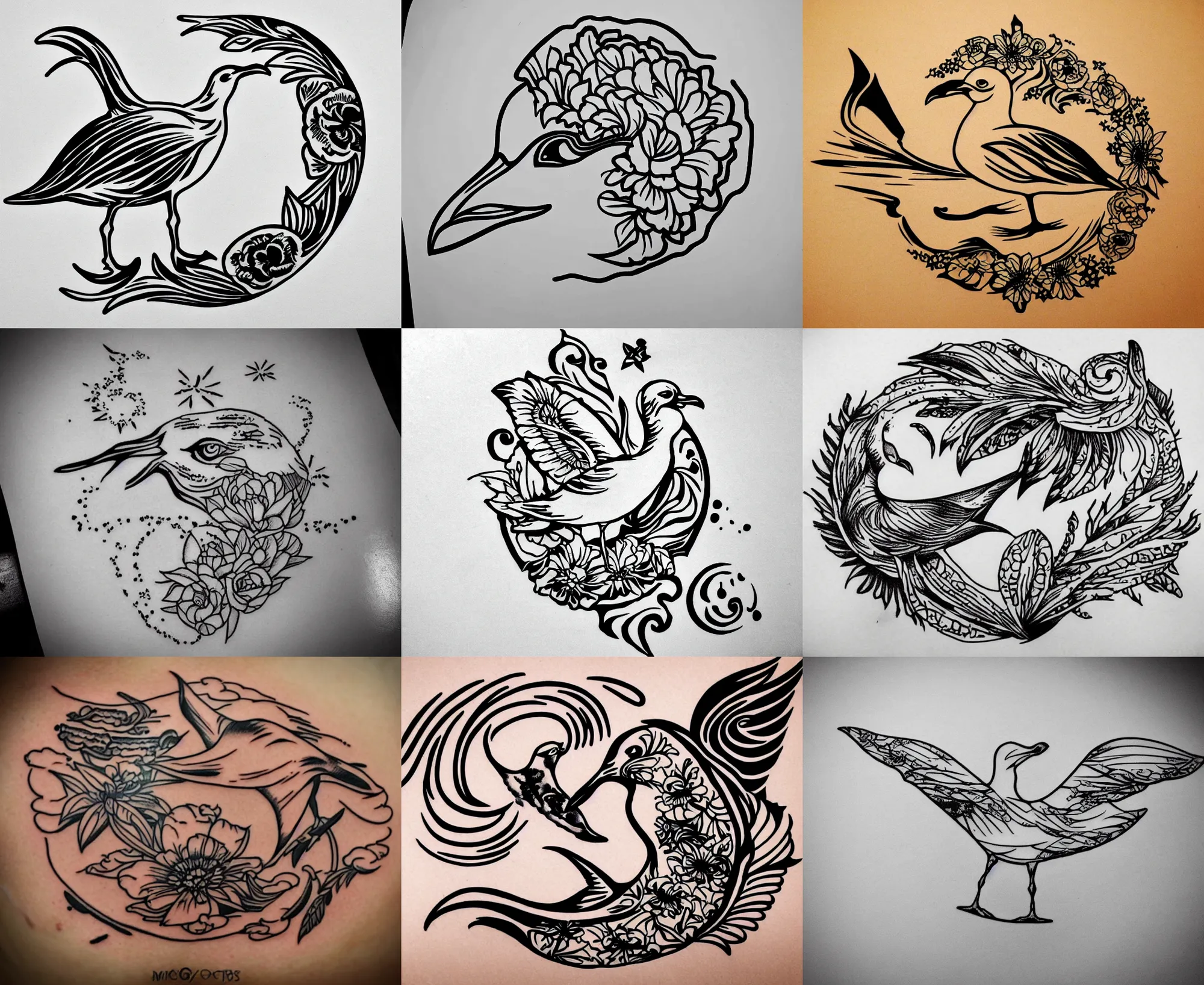 Image similar to detailed amazing tattoo stencil of a floral seagull eating a chip