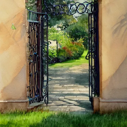 Image similar to delicate, chairs, garden, paved, botanic watercolors oils, iridescent, 8 k, realistic shaded, fine details, artstation, italian, iron gate, tree, mediterranean