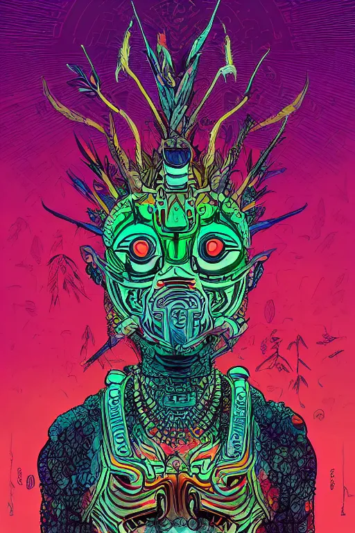 Image similar to totem animal tribal chaman vodoo mask feather gemstone plant video game illustration vivid color borderlands and by feng zhu and laurie greasley, victo ngai, andreas rocha, john harris radiating a glowing aura