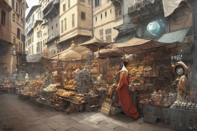 Image similar to a time traveller astronaut shopping at ancient renaissance florence street vendors, rule of thirds, serene, nvidia, by wlop, peter mohrbacher, james jean, jakub rebelka, visually stunning, beautiful, masterpiece