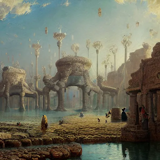 Prompt: detailed painting of a multiverse gateway in ancient mesopotamia in the middle of a sulphur lake, filigree ornaments, andreas achenbach, simon stalenhag