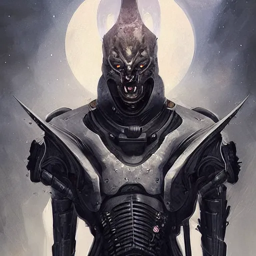 Image similar to Portrait of an alien man by Greg Rutkowski, a kind of humanoid feline, hard predatory look, with pointed ears, prominent jaw and visible fangs, wearing a futuristic space tactical gear that looks like a mix between the samurai, viking and templar aesthetics, mix between tribal and hi-tech, highly detailed portrait, scifi, space opera, digital painting, artstation, concept art, smooth, sharp foccus ilustration, Artstation HQ