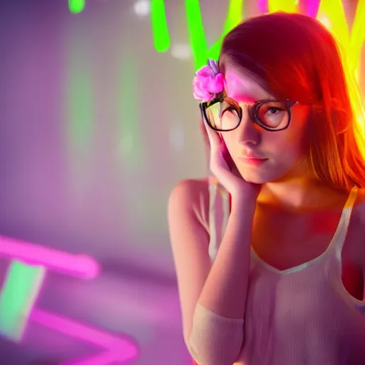 Image similar to portrait of a cute young woman with robot ears and eyes, 4k, sharp focus, neon colored fluorescent lighting, flowers, jordan grimmer