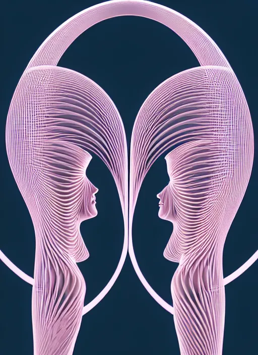 Image similar to style of santiago calatrava, perfectly centered symmetrical balanced male and female portrait of man and woman in love sharing one heart. high coherence ; fractal geometrical cartoon 8 k ultra hd