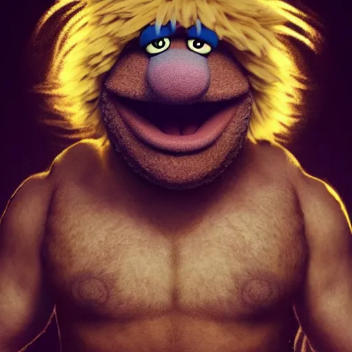 Image similar to a still of a forgotten muppet character looking very manly and modern, hilarious, laughing, hairy chest, huge chin, manly monster tough guy, roughled fur, photo real, photographic, photograph, artstation, trending, featured