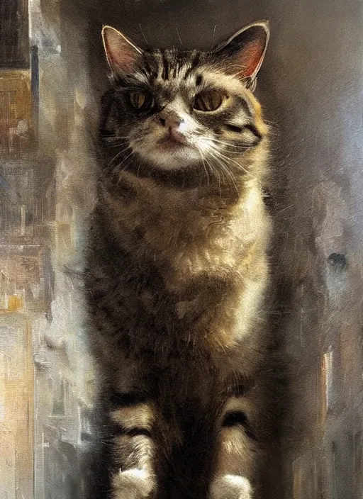 Image similar to a portrait of a cat inside a modern apartment, intricate oil painting, hyperdetailed, ethereal, cinematic, dramatic lighting, by jeremy mann and julius adam ii