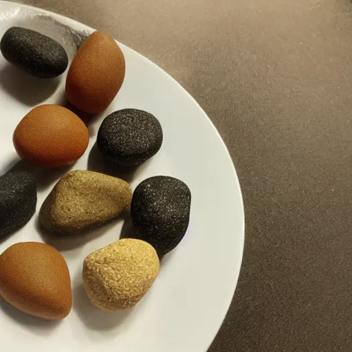 Image similar to food made of little rocks, low quality, bad lighting