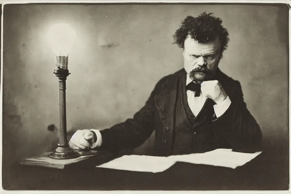 Prompt: wet plate photograph, august strindberg angry banging his fist on a secretary desk in a small messy viennese apartment, night time, alone, lamplight, victorian era, depth of field, very detailed, highly accurate, intricate