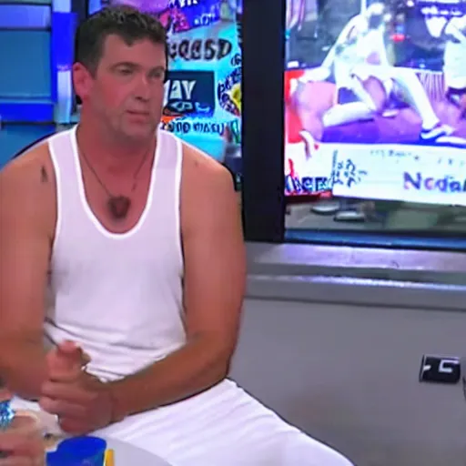 Image similar to the local news sports guy wearing a tattered white tanktop during a live broadcast, visibly drunk