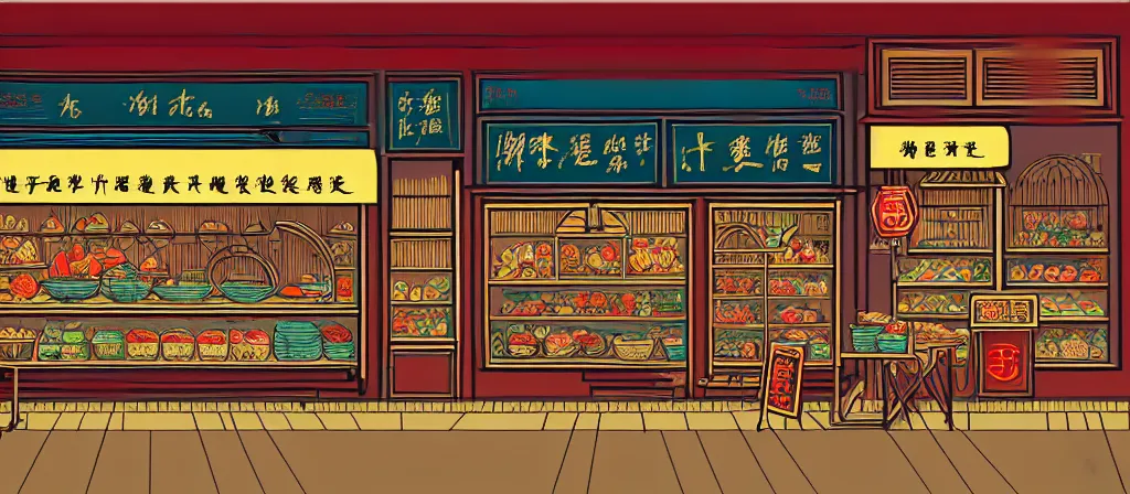 Image similar to a beautiful simple 4 k hd illustration of interior view display of the corner of street side roasted string hotpot small shop, simple style, from china, with merchant logo, simple structure, surrealistic, chinese style, victo ngai, james jean, denoise, deblurring