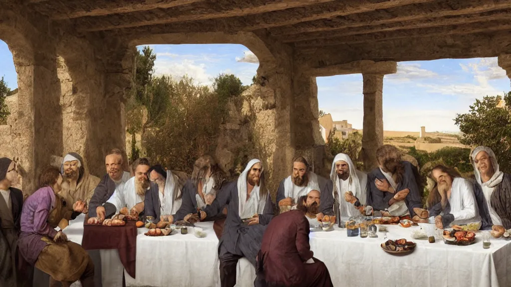 Image similar to humans with cat heads dressed in suits sitting around a table in the scene of the last supper, under the porch of a typical portuguese house, with typical alentejo landscape in the back, sunny morning, matte painting, oil canvas, photorealistic illustration, extreme detail, hyper realistic, highly detailed, digital art