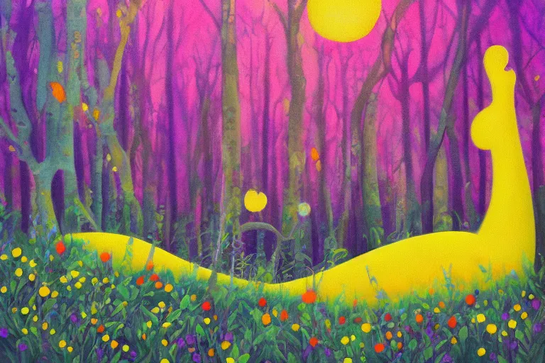 Prompt: yellow submarine landing in lush forest, muted colors, award wining painting by alina aenami