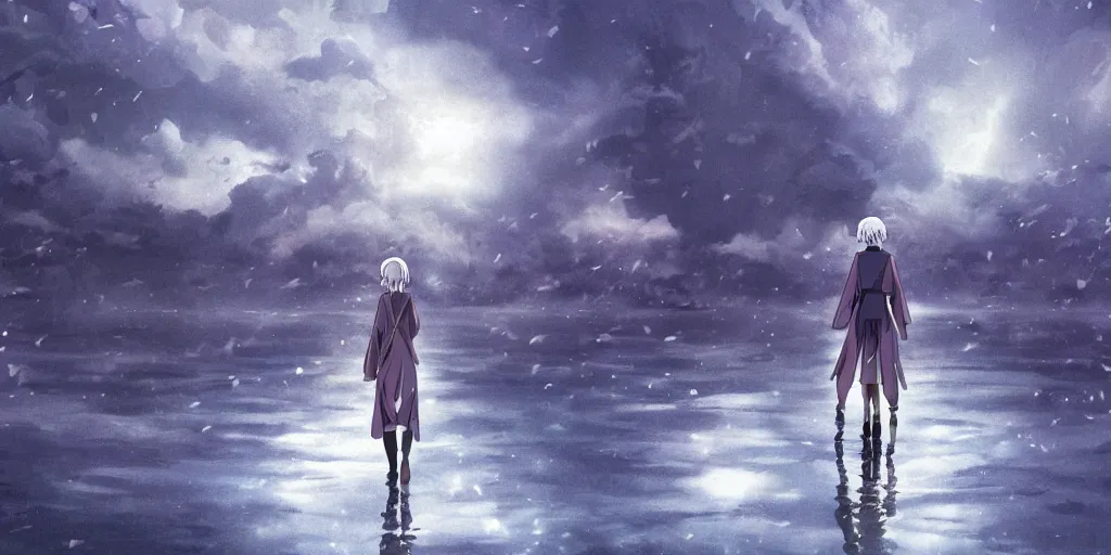 Prompt: white haired girl walking in flooded cloud palace night, dreamscape, cinematic, vibrant dark colors digital anime illustration by studio ghibli