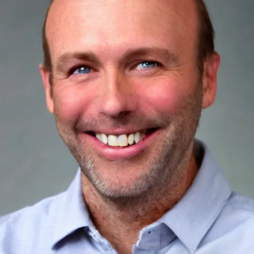 Image similar to color photograph of a balding, middle aged, brown haired, hairy, blue eyed, round faced, short white man dressed in a white shirt, smiling at the camera with perfect, straight white teeth