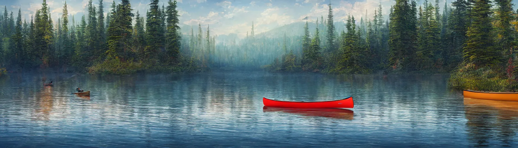 Prompt: canoe on a scenic northern Algonquin lake, vivid colors, high details, cinematic, 8k resolution, beautiful detailed, photorealistic, digital painting, artstation, concept art, smooth, sharp focus, illustration, fantasy background, artstation trending, octane render, unreal engine