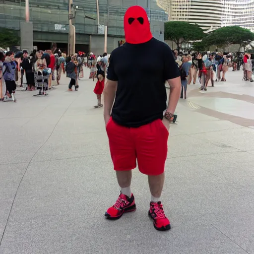 Image similar to a short stocky Italian man wearing a red ski mask over his face, with black goggles on his head, black t-shirt and light khaki cargo shorts, posing for a picture at anime matsuri convention