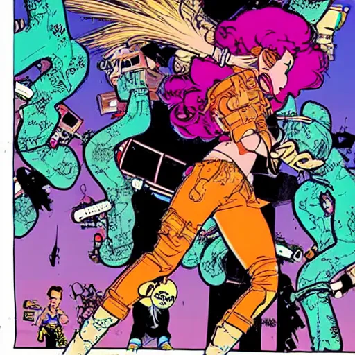 Prompt: a cybergoth girl with wild hair, in the art style of archie comics (1963), artstation, HQ scan, by geof darrow and moebius, geof darrow art, moebius art