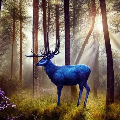 Image similar to beautiful hyper realistic stag. elven woods, celestial highly detailed magic athmospher. beautiful highly detailed forest background. blue light. sunlight rays throught the trees. intricate, elegant, long shot 8 k rendering.