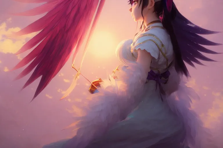 Prompt: Anime Portrait of magical girl, wearing crown of bright feathers, painting by Ivan Aivazovsky and Greg Rutkowski, artstation, fantasy, intricate, beautiful, cinematic, octane render, arnold render, 8k, hyper realism, detailed, sharp focus, 4k uhd, masterpiece, award winning