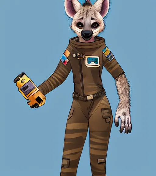 Prompt: full body digital artwork of furry female hyena, in style of zootopia, fursona, furry, furaffinity, deviantart, wearing astronaut outfit, floating in space, cyberpunk, detailed face, style of artgerm,