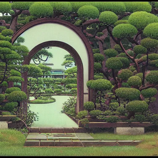 Prompt: a portal in a mysterious garden filled with spherical plants, artwork by Hasui Kawase, trending on art station