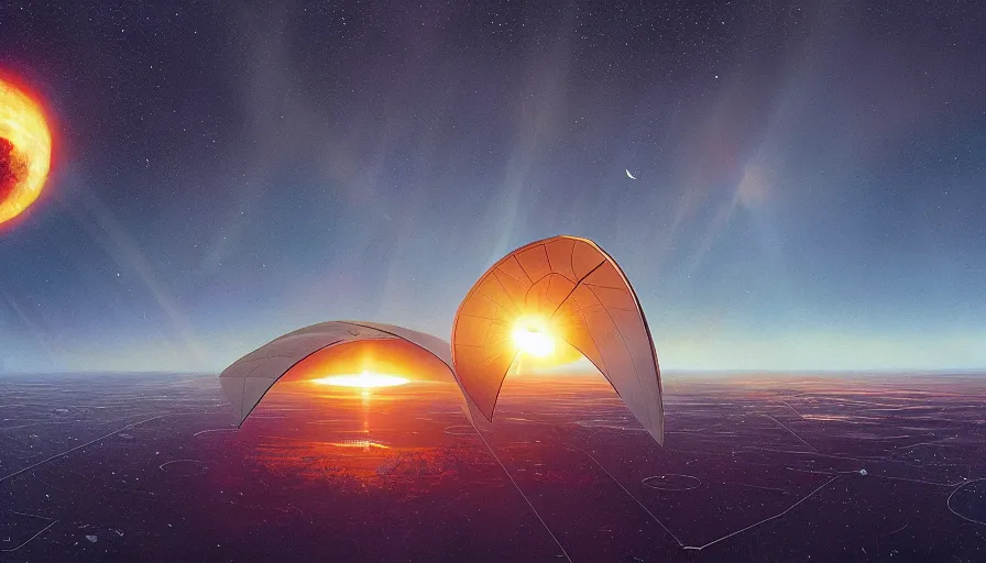 Image similar to solar sail infront of sun, in space, earth visible below, simon stalenhag