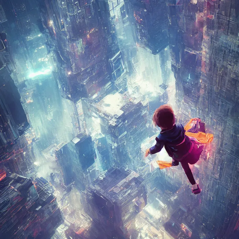 Image similar to An ultra-high resolution photograph of a kid in an elevator mid air, sci-fi, fututistic, by Yoshitaka Amano and Alena Aenami, Trending on Artstation, nvidia, matte painting, unreal enginqe