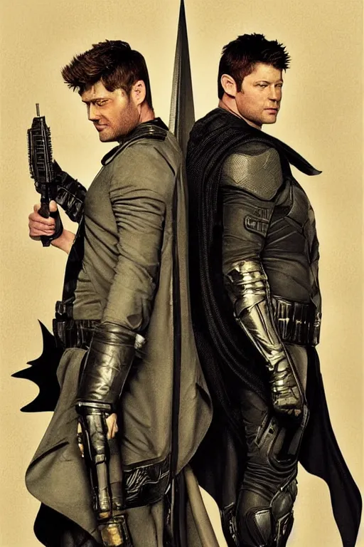 Image similar to a detailed matte portrait of jensen ackles and misha collins dressed as batman and robin, masterpiece, 8 k, art by alphonse mucha and greg rutkowski