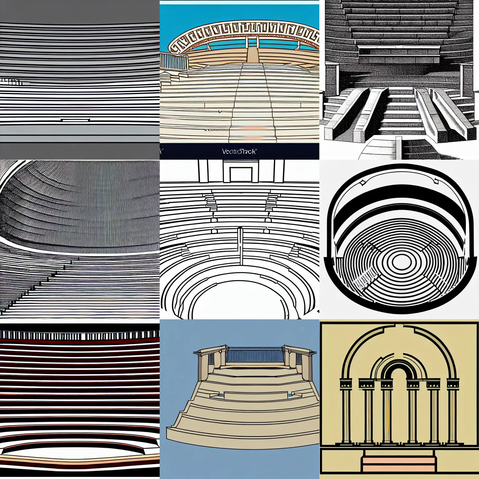 Prompt: a stephen biesty cross - section through the stairs of a simplified smooth shaded ancient greek amphitheater in the style of mike perry, precise! vector trace, 3 / 4 extra - wide shot, occlusion, white background