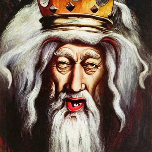 Image similar to a deliriously happy King Gandalf, portrait oil painting by Otto Dix, oil on canvas (1921)