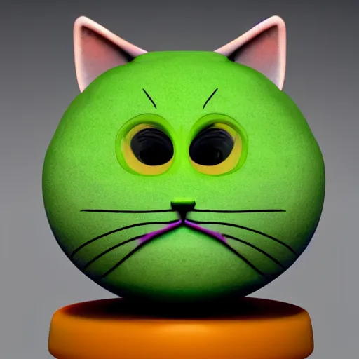 Image similar to multicolor 3 d render of funny cat as mango fruit by blender guru created at modern world in 4 k ultra high resolution, with funny feeling