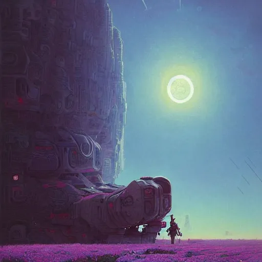 Image similar to a fantastic hyperdetailed 3 d matte painting of a giant robot partially covered in overgrowing wildflowers on an alien planet under arctic moonlight by moebius by beeple by by jakub rozalski by paul lehr by dan mumford