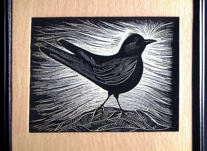 Prompt: a beautiful Wood engraving on paper of a Blackbird, framed with a white border