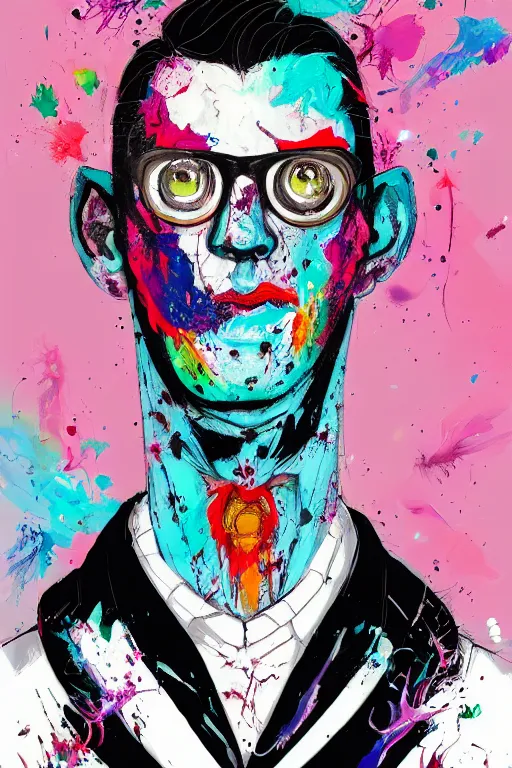 Prompt: bilateral split portrait, wealthy male half necromancer, made of white gucci fabric, pixiv fanbox, dramatic lighting, maximalist pastel color palette, splatter paint, pixar and disney exploded - view drawing, graphic novel by fiona staples and dustin nguyen, peter elson, alan bean, wangechi mutu, clean cel shaded vector art, trending on artstation