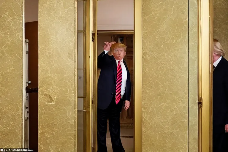 Image similar to Donald Trump visibly pouts as his bathroom is raided by many federal agents, raided by feds, panicking, golden toilet, Highly detailed, Cinematic, photorealistic, Realistic, detailed.