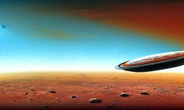 Image similar to digital painting of a spaceship in the orbit of mars by john berkey