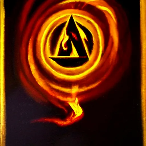 Prompt: dramatic chiaroscuro painting of an esoteric symbol, glowing with strange power. it is surrounded by a ring of flames, but remains untouched.