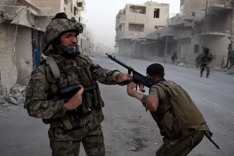 Image similar to first personal view soldier shooting firing back in the street Syria, photojournalism detailed