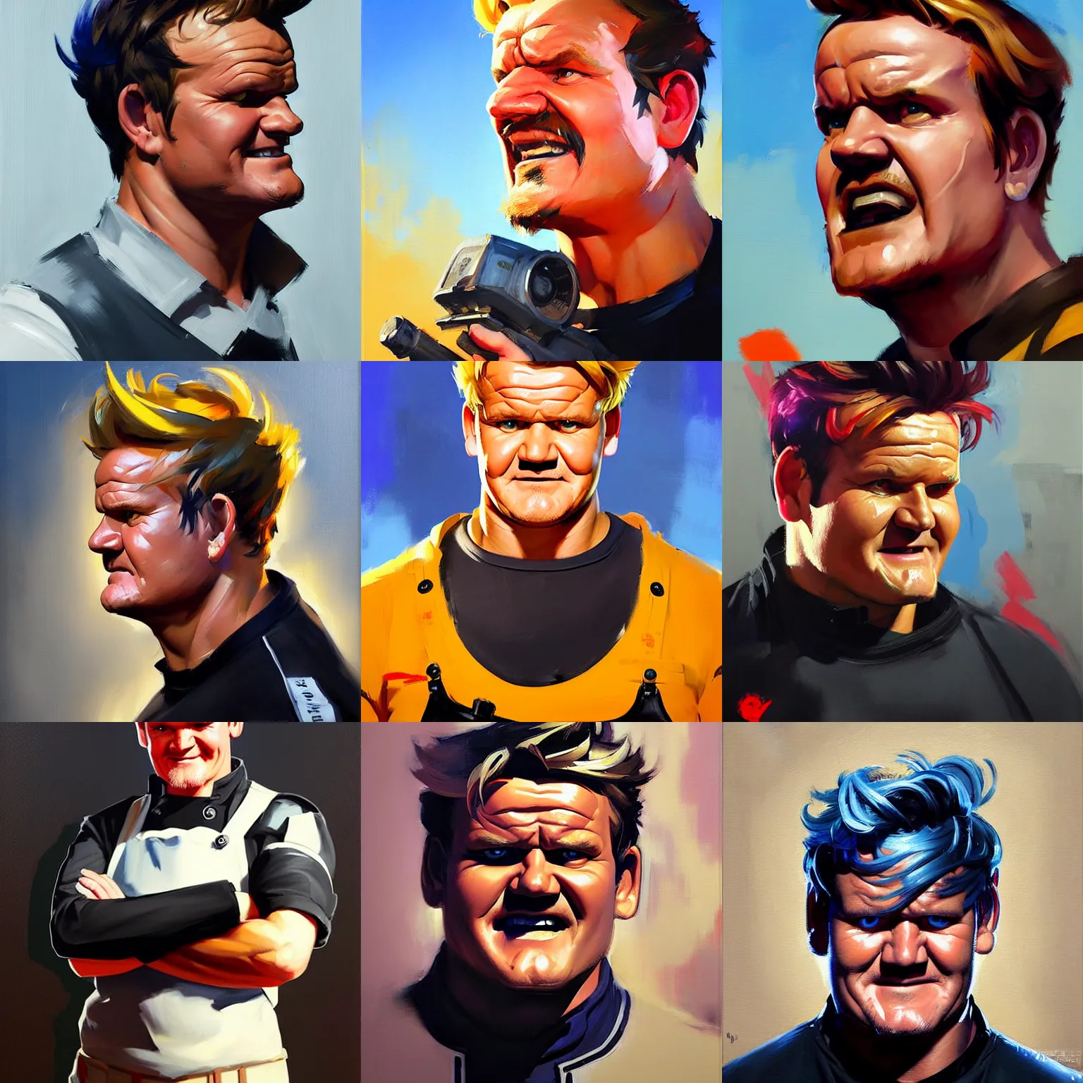 Prompt: Greg Manchess portrait painting of Gordon Ramsey as Overwatch character, medium shot, asymmetrical, profile picture, Organic Painting, sunny day, Matte Painting, bold shapes, hard edges, street art, trending on artstation, by Huang Guangjian and Gil Elvgren and Sachin Teng