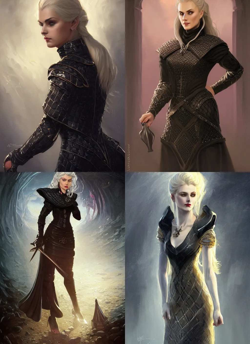 Prompt: a serious looking woman wearing a glossy black dress shaped like a chess piece, checkered motiffs, aquiline nose, blonde braided hair. fantasy concept art. moody epic painting by jc leyendecker, and thomas kinkade. artstationhq. painting with vivid color. ( dragon age, witcher 3, lotr )