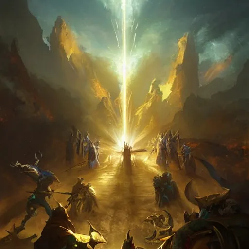 Prompt: a glowing holy light attack from the sky, warriors on the ground, hearthstone art style, epic fantasy style art by Craig Mullins, fantasy epic digital art, epic fantasy card game art by Greg Rutkowski