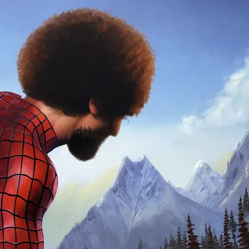 Image similar to a closeup photorealistic photograph of bob ross working on a canvas painting of spiderman. film still. brightly lit scene. mountains and trees. this 4 k hd image is trending on artstation, featured on behance, well - rendered, extra crisp, features intricate detail, epic composition and the style of unreal engine.