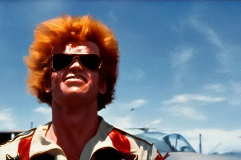 Image similar to ronald mcdonald in top gun ( 1 9 8 6 ), cinematic lighting, high contrast, 4 k hdr imax cinematography by roger deakins, award winning shot, beautiful composition, principal photography, vfx action shot